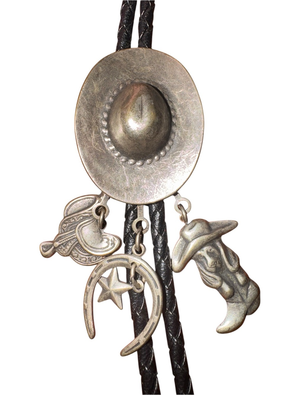 Vintage Western Cowboy Bolo Tie Faux Leather Rodeo Charm Necklace 18” - Picture 2 of 5